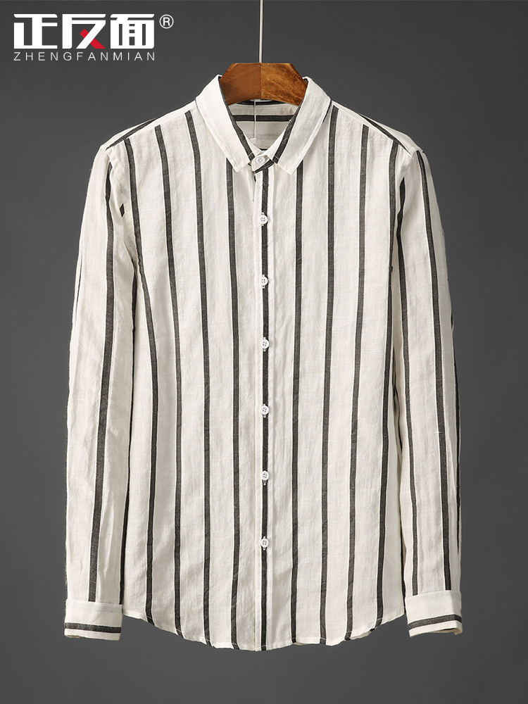 Port wind Japanese large stripe square collar cotton shirt Men's long sleeve comfortable breathable linen shirt Casual top tide E