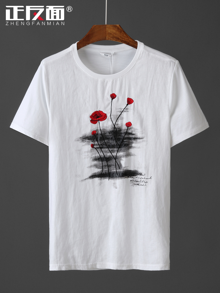 Ink printing embroidery Linen T-shirt men's short-sleeved cotton and hemp youth trend half-sleeve men's T-shirt top E