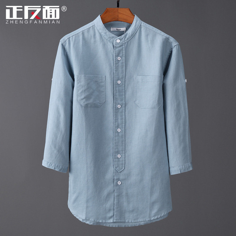 Double Pocket Pure Color Art Upright Collar Linen 70% Sleeve Men's Shirt Loose Casual Half Sleeve Cotton Linen Shirt Tide E