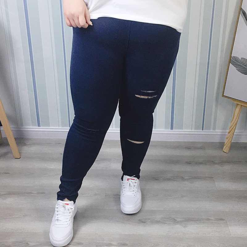 Fat fairy Yingying large size women's clothing Han edition wearing pocket jeans knee broken hole with pants pencil pants