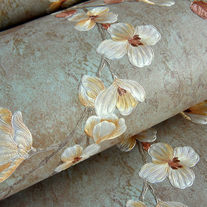 Retro 3D stereo American wallpaper unwoven cloth ab version field garden flowers living room bedroom TV background wall cozy wallpaper