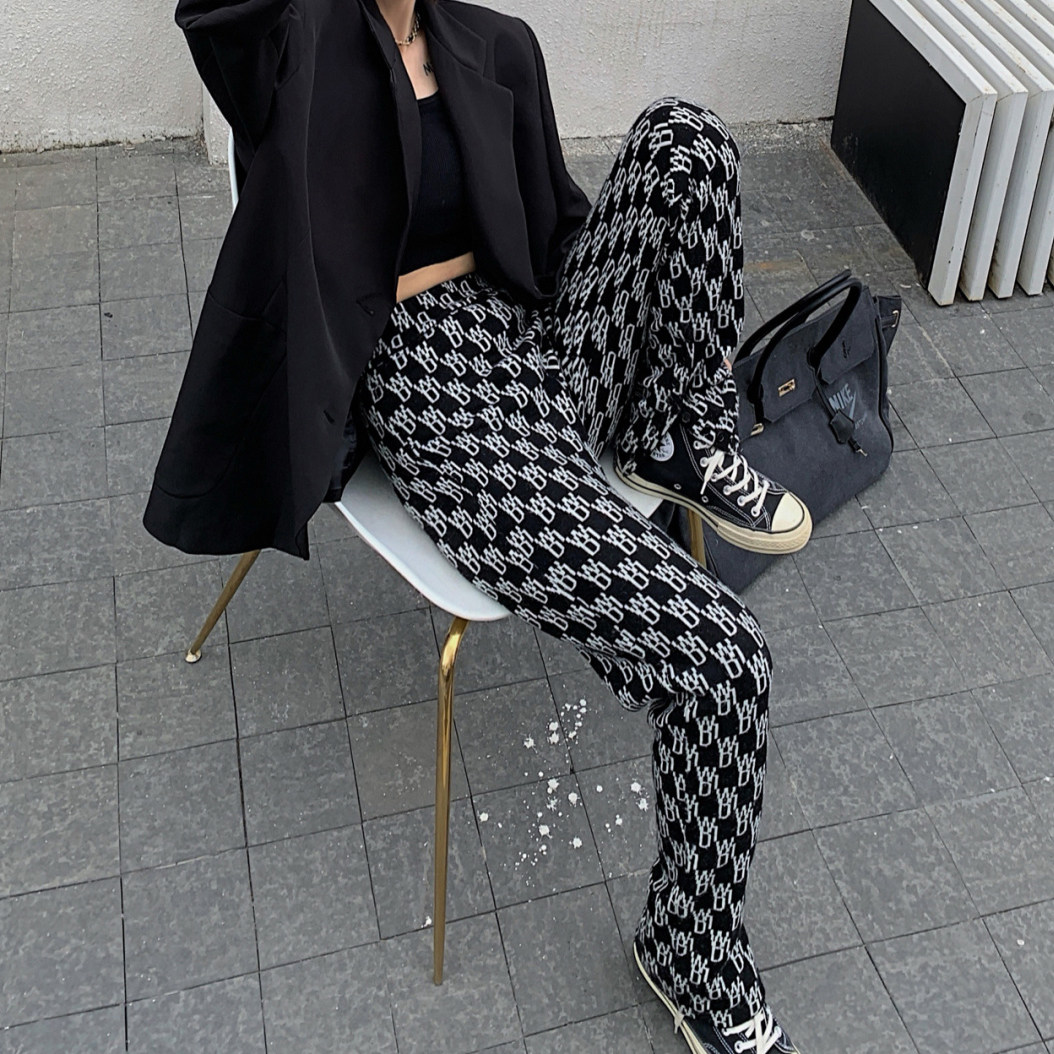 Premium version autumn new we11done wool knit pants women's full print logo high-waisted welldone trousers