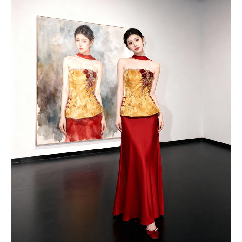 Gold Tube Top Morning Robe for Women, Bride's New Chinese-Style Engagement Dress, High-End Homecoming Banquet Toast Dress for Petite Women