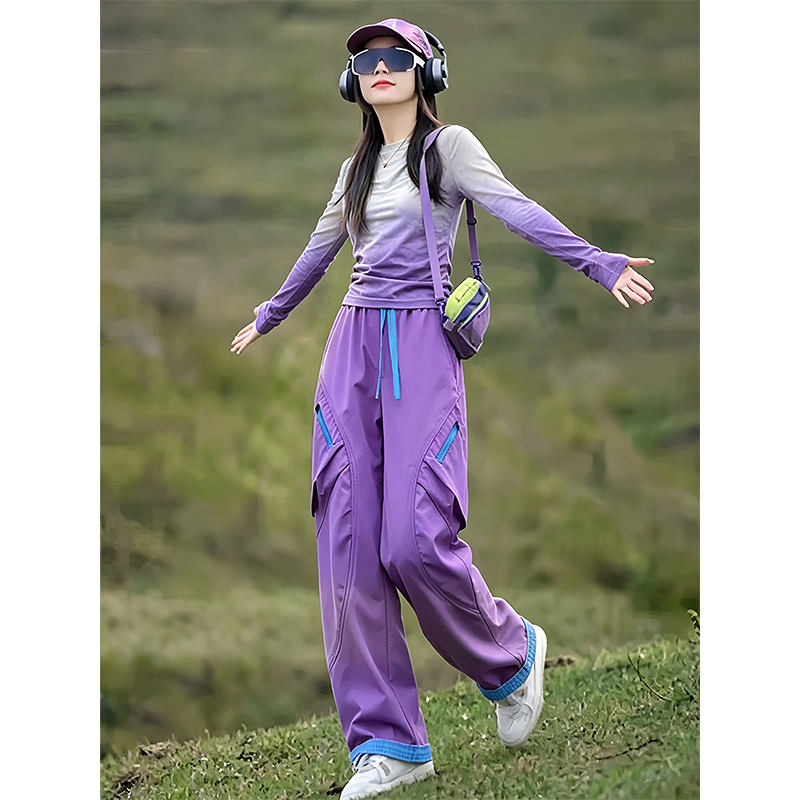 Purple Casual Street-Style Sports Suit for Women, New Autumn Trendy Youthful Gradient Long-Sleeve Cargo Pants Two-Piece Set