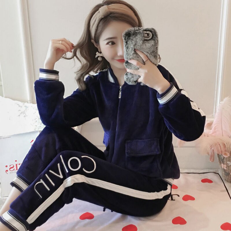 Autumn Winter Coral Suede Pyjamas Woman Korean version thickened with velvety loose and warm can external wear flannel home suit suit