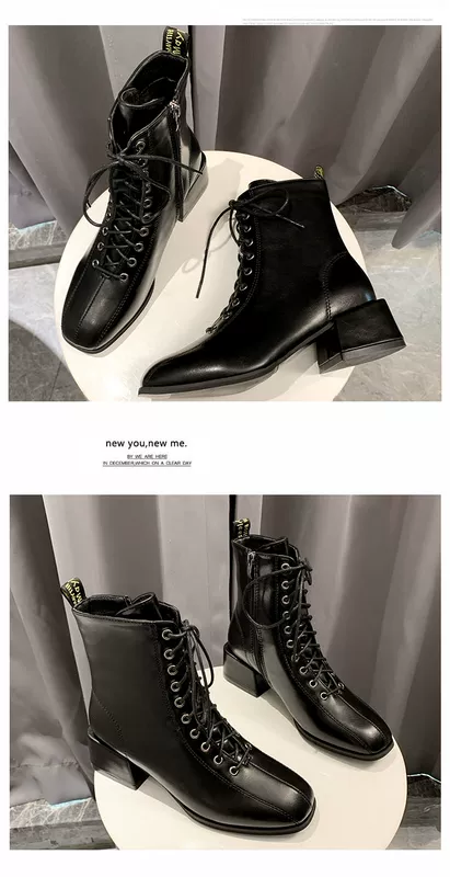 Retro lưới màu đỏ khởi động trẻ em 2020 mùa thu mới Martin boots nữ Phong cách Anh đế vuông mũi dày gót chân ren giữa khởi động - Giày cao gót