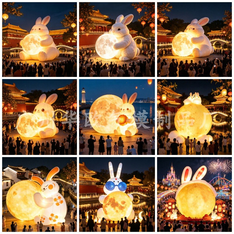 Mid-Autumn Festival Inflatable Jade Rabbit Holding Moon Model for Outdoor Scenic Spots and Shopping Malls, Large Glowing Moon Inflatable Model