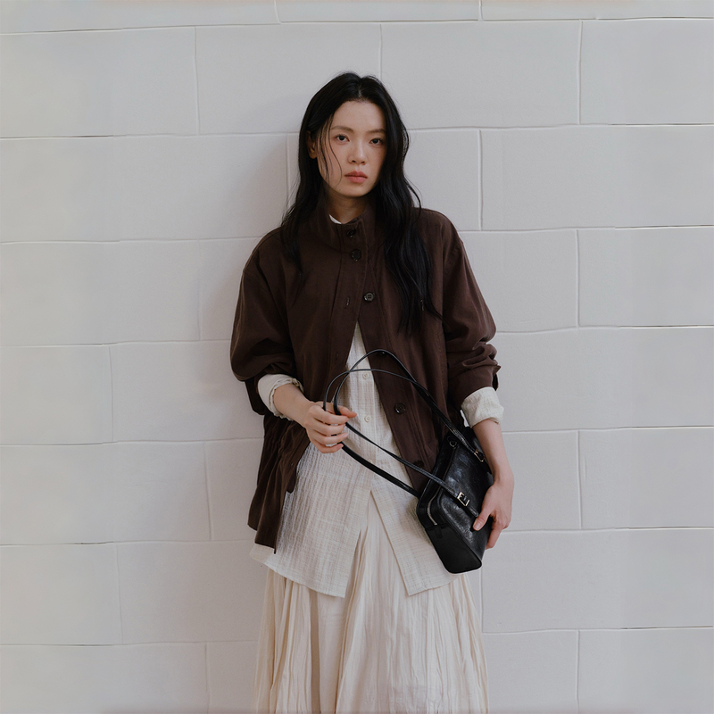 Amweird 【Nico Nini's Style】 Melard Vintage Brown Lightweight Drapey Drawstring Stand Collar Jacket for Women Amweird 【Nico Nini's Style】 Melard Vintage Brown Lightweight Drapey Drawstring Stand Collar Jacket for Women