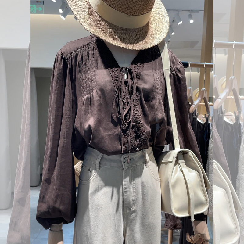 French-Style Dark Brown Lace-Up Long-Sleeved Shirt for Women 2026 Autum New Style Light Luxury High-End Elegant Top
