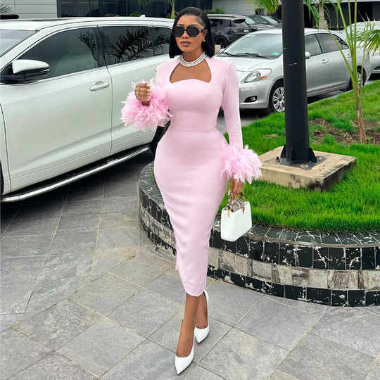 European and American autumn square-neck long-sleeved feather-embellished high-waist slim dress Women sexy party dress