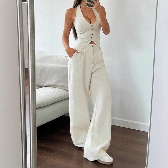 Women Casual Two Piece Sets European and American button vest top + wide leg trousers suit for women