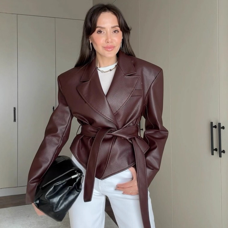 European and American Autumn and Winter New Women's Fashion Motorcycle-Style Lace-Up Leather Jacket Women Casual Jacket