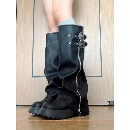 羊皮版~真皮厚底增高9cm皮带扣裤管靴女显瘦长靴高筒堆堆靴骑士靴