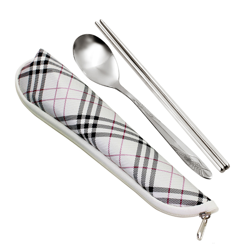Stainless steel chopsticks spoon set portable tableware student office worker with rice special tableware washing cloth bag