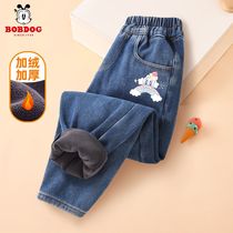 Babudou Childrens Jeans Autumn and Winter Girls Velvet Pants 2024 New Thickened Warm Little Girls Winter Clothes