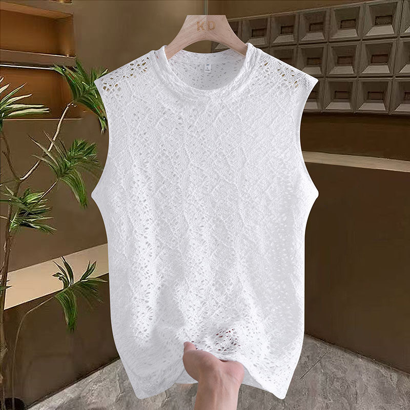 Hollow Ice Silk Vest Summer Round Neck Mesh Breathable Sleeveless T-Shirt Men's Fashionable and Personalized Sports Casual Vest