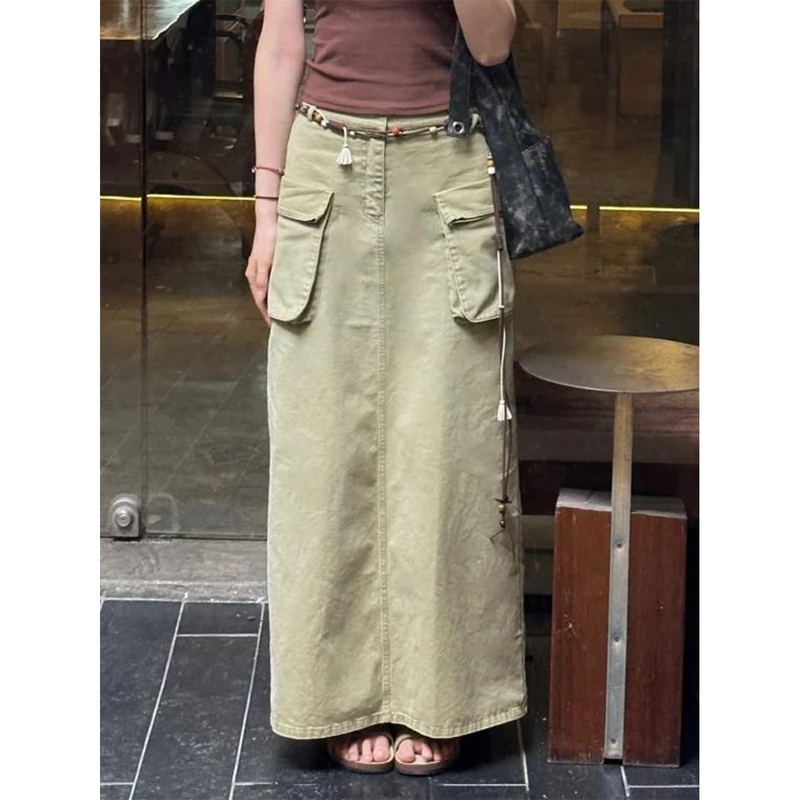 W12S Original Design High Waist Back Slit Workwear Skirt for Women 2025 Summer Street Workwear Flap Pocket Pants Mid-Length Skirt