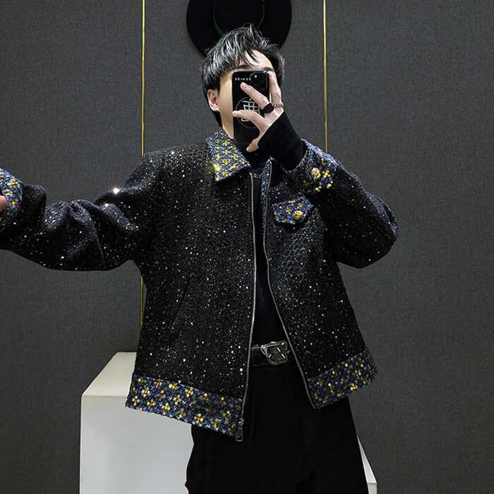 Trendy Sequin Patchwork Lapel Jacket for Men 2026 Autumn and Winter High-End Starry Shiny Coat Trendy Men's Clothing Trendy Sequin Patchwork Lapel Jacket for Men 2026 Autumn and Winter High-End Starry Shiny Coat Trendy Men's Clothing