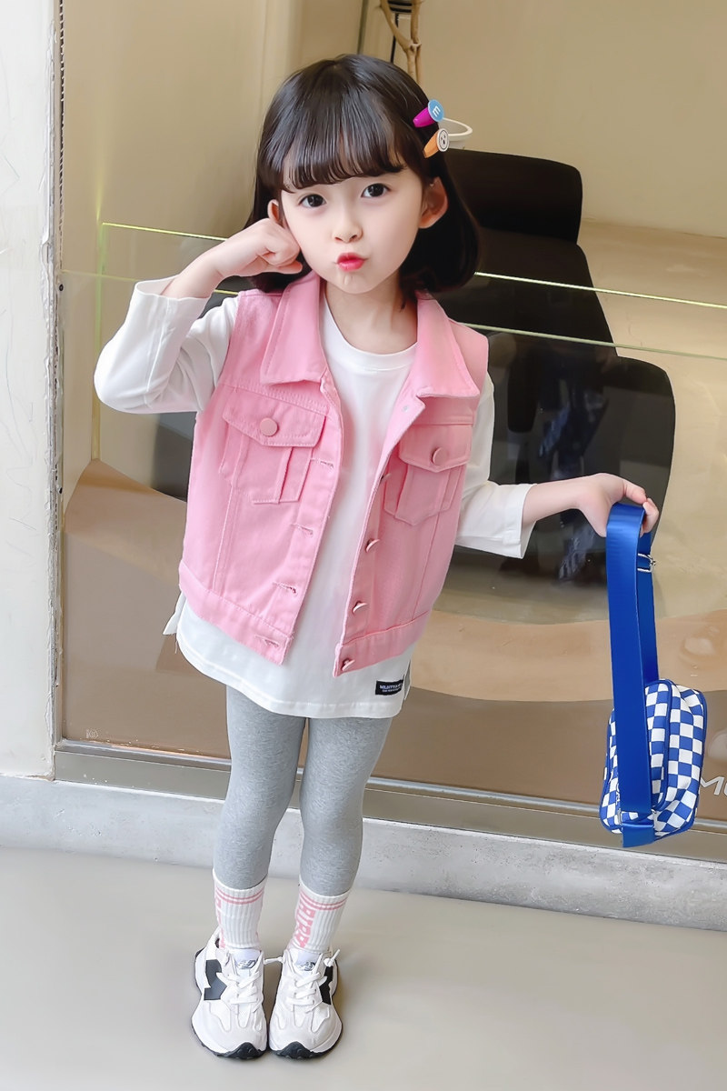 Child Denim Waistcoat Girl Vest Girl Vest Spring Autumn Ocean School Female Baby Pink Tingle Pure Cotton Waistcoat Outside