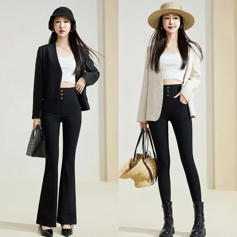Autumn Plus-Size High-Waisted Tummy Control Fashionable Versatile Flared Pants for Outdoor Wear, Warm Black Casual Pants for Women, Skinny Pencil Pants Autumn Plus-Size High-Waisted Tummy Control Fashionable Versatile Flared Pants for Outdoor Wear, Warm Black Casual Pants for Women, Skinny Pencil Pants