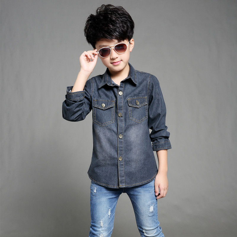 Chàng trai denim áo sơ mi dài tay áo khoác mới vừa trẻ em bông đầu giản dị siêu lửa phiên bản lớn của chàng trai mùa thu váy