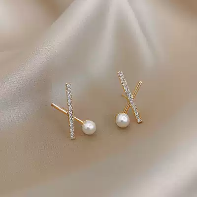 Letter X cross Pearl personalized ear needle female Korean 2021 New Tide Net Red simple temperament earrings ear jewelry