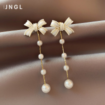 Jinglei temperament bow tassel earrings 2021 New Tide autumn and winter niche bride long pearl earrings female