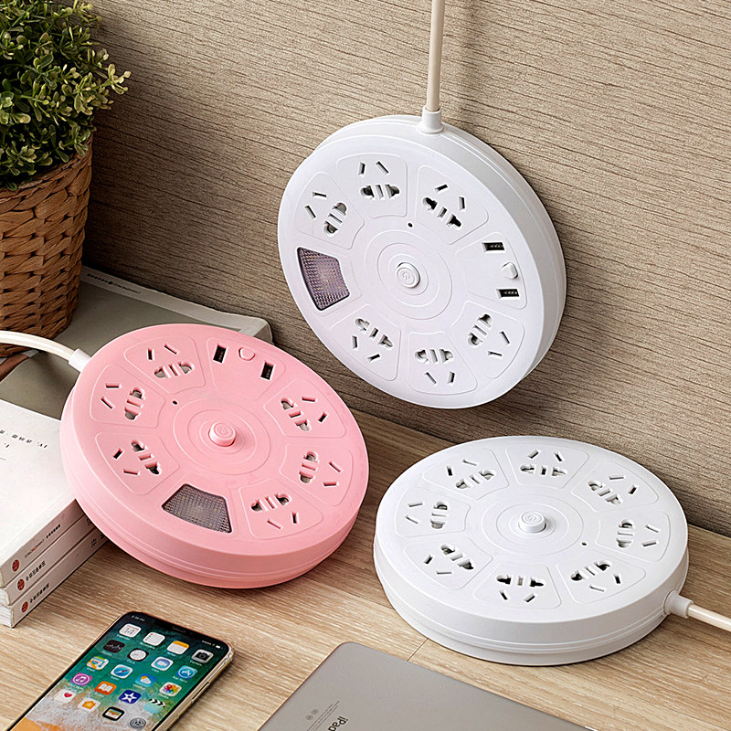 Disc socket panel porous plug-in board home wiring board cute pink plug-in drag line board with night light USB