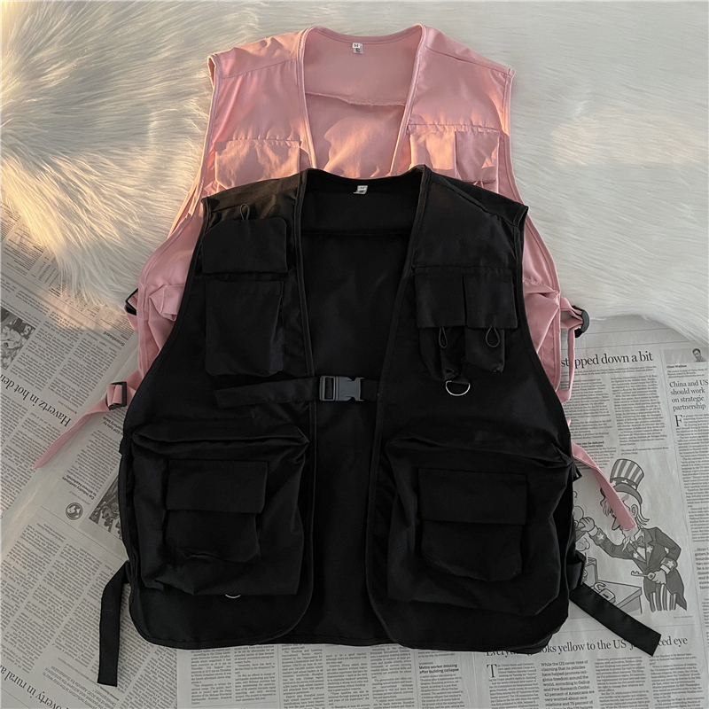 Wang Yibo Style Personalized Pink Chinese Trendy Functional Tactical Vest for Men and Women, Spring and Autumn Multi-Pocket Casual Workwear Vest Wang Yibo Style Personalized Pink Chinese Trendy Functional Tactical Vest for Men and Women, Spring and Autumn Multi-Pocket Casual Workwear Vest