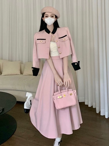 Розовая осенняя куртка, юбка, комплект, французский стиль, в стиле Шанель