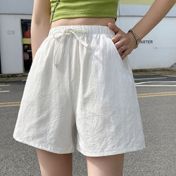 Sports casual shorts cotton and linen 2024 new loose home thin a-line pants pajama pants high waist wide leg five-quarter pants