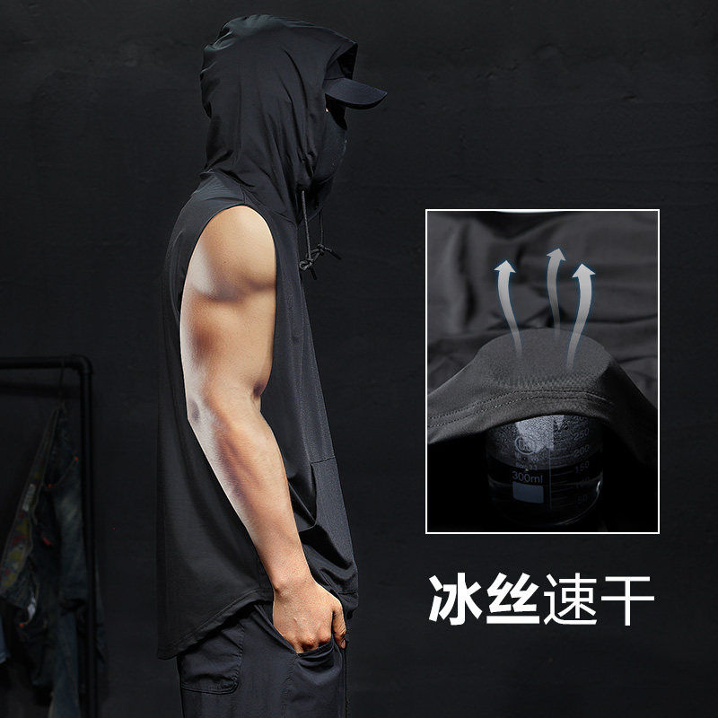 Summer Ice Silk ultra-thin sports hooded vest men loose fat increase men's sleeveless ice T-shirt waistcoat