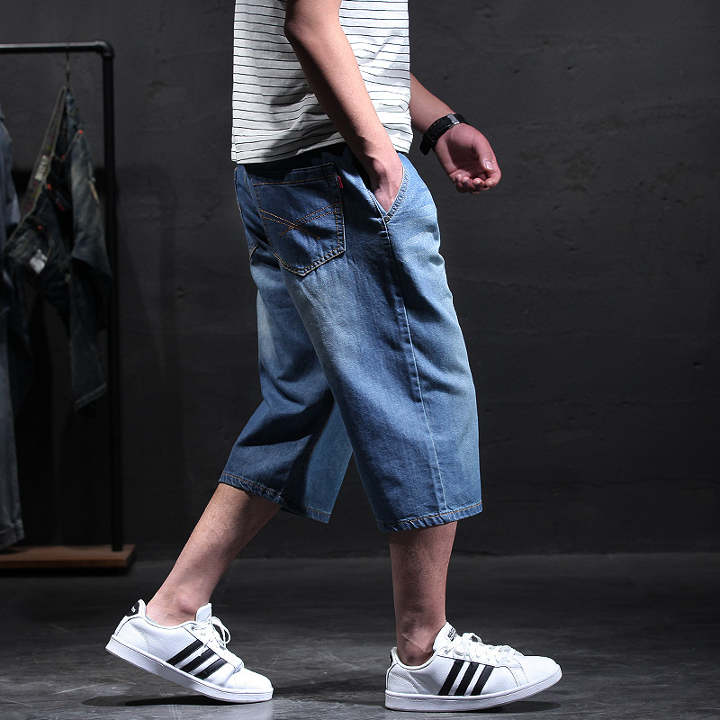 Denim shorts men's loose straight fat seven-point pants 7-point pants plus fertilizer plus size men's pants summer thin section