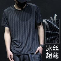 Summer striped T-shirt Mens Ice Silk quick-drying short sleeves mens loose Sports fat plus fat plus size ice half sleeve