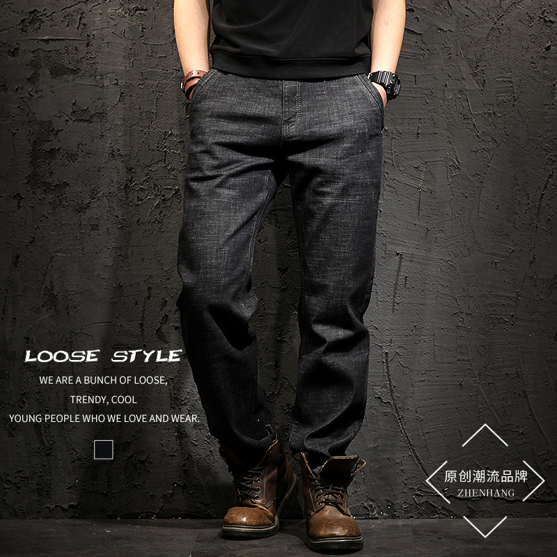 Autumn and winter jeans men's loose elastic straight tube plus fertilizer plus size fat men plus velvet casual long pants tide