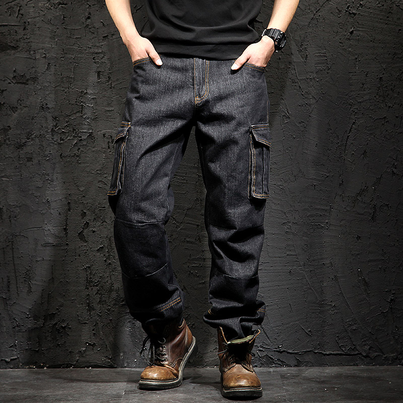 Autumn and winter multi-pocket overalls jeans men's loose straight plus fat plus size fat men's long pants tide