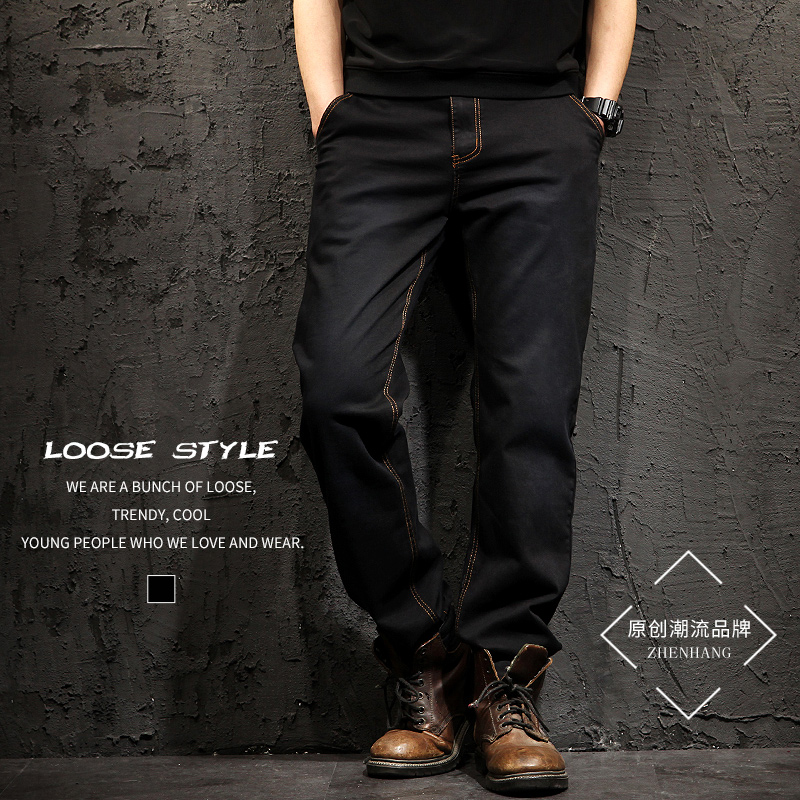 Autumn and winter jeans men's loose straight tube plus fertilizer plus size fat elastic men's plus velvet thick long pants tide