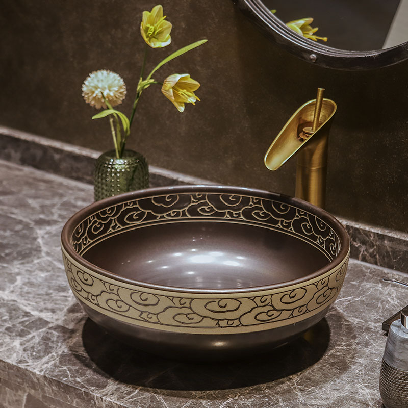 Edge Painting Antique Art Terrace Bonsai Dezhen Ceramic Wash Basin Round Single Sink Chinese Style Retro Washbasin Face Basin