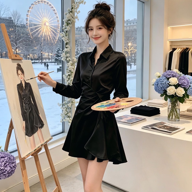 Early Autumn Black Shirt Dress with a Cinched Waist, Elegant Lapel, Little Black Dress for Petite Figures, Light Luxury, Sexy Shirt Dress Early Autumn Black Shirt Dress with a Cinched Waist, Elegant Lapel, Little Black Dress for Petite Figures, Light Luxury, Sexy Shirt Dress