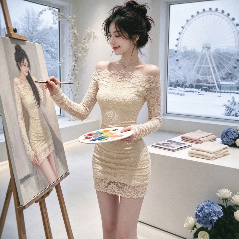 Autumn Long-Sleeved Slim-Fitting Pure and Alluring Hot Girl Style Stunning White Moonlight Dress Slightly Spicy Off-Shoulder Lace Bodycon Dress Autumn Long-Sleeved Slim-Fitting Pure and Alluring Hot Girl Style Stunning White Moonlight Dress Slightly Spicy Off-Shoulder Lace Bodycon Dress