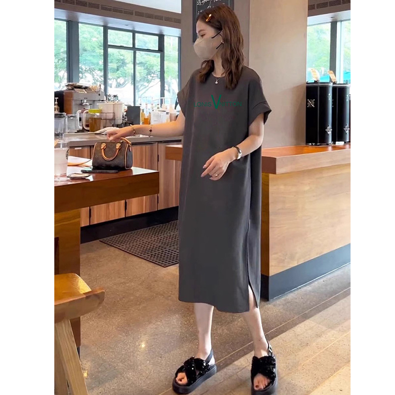 Short-Sleeved T-Shirt Slit Dress for Women, Summer Mid-Length Over-The-Knee Casual Long Dress, Plus Size, Age-Reducing Pure Cotton Clothing