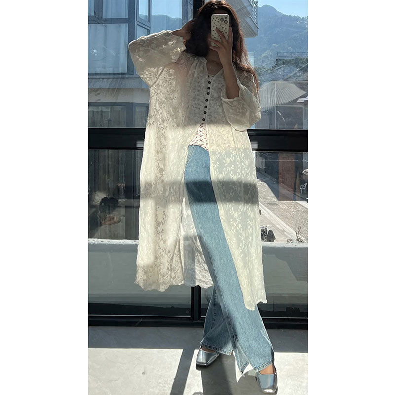 Trendy and Beautiful Summer Tops, Popular Online, Sun-Protective White Long Cardigans, Lace Cardigans, Women's Designer Spring Outerwear