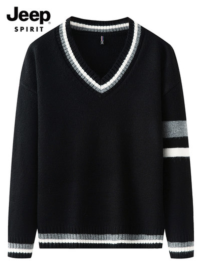 Jeep Knitwear Men's V Neck Pullover Autumn and Winter Korean Style Loose Lazy Style Knitwear Outer Wear Student Long-Sleeved Jacket