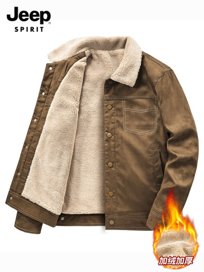 Jeep Suede Cotton Jacket for Men, Autumn and Winter, Fleece-Lined and Thickened, 2025 New Style, Turn-Down Collar Jacket, Men's Cotton Clothing