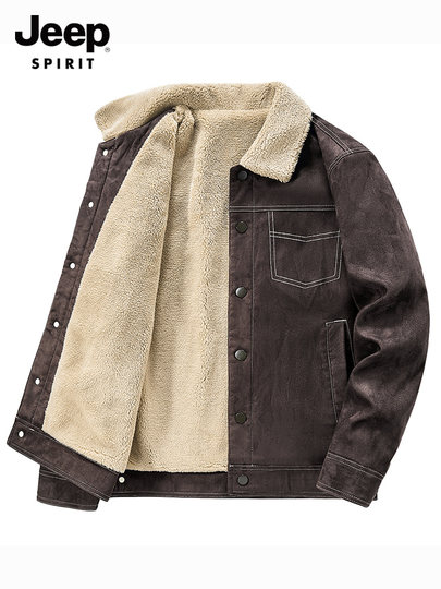 Jeep Suede Cotton Jacket for Men, Autumn and Winter, Fleece-Lined and Thickened, 2025 New Style, Turn-Down Collar Jacket, Men's Cotton Clothing
