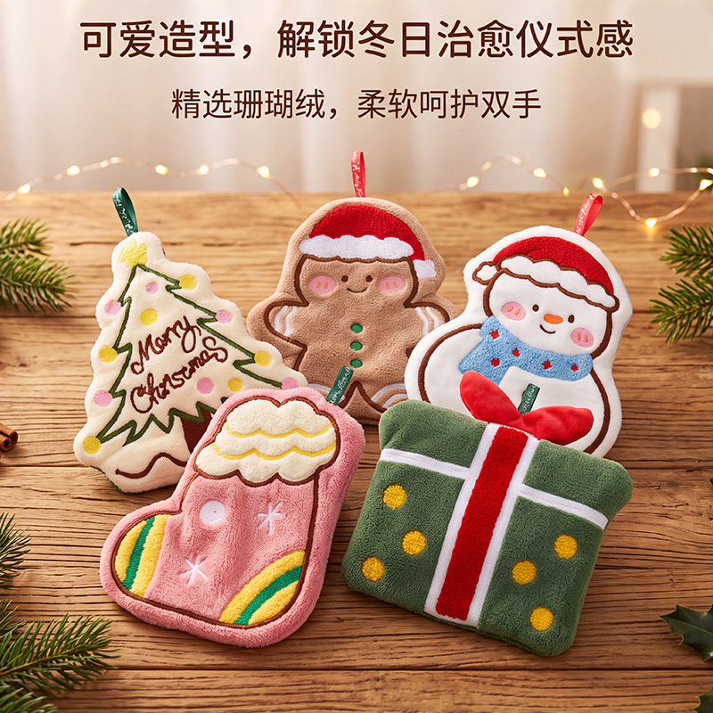 Coral Velvet Christmas Hand Towel Cartoon Gingerbread Man Hangable Children's Towel Handkerchief Holiday Souvenir Small Gift