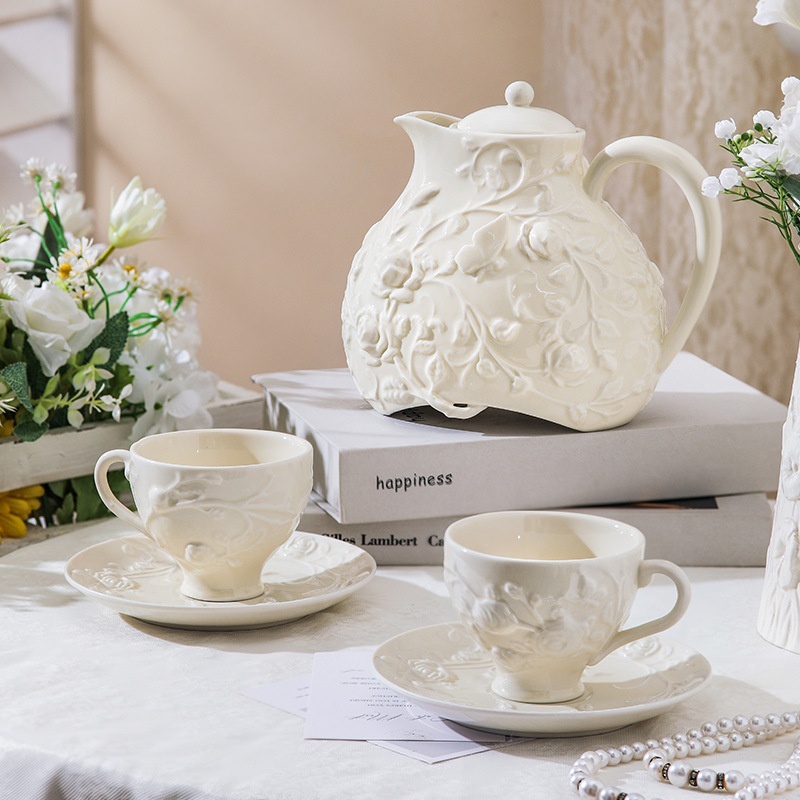 European-Style Embossed Coffee Cup and Saucer, High Aesthetic Value French Tea Set, Home Afternoon Tea, Vintage Teapot, Palace-Style Cup European-Style Embossed Coffee Cup and Saucer, High Aesthetic Value French Tea Set, Home Afternoon Tea, Vintage Teapot, Palace-Style Cup