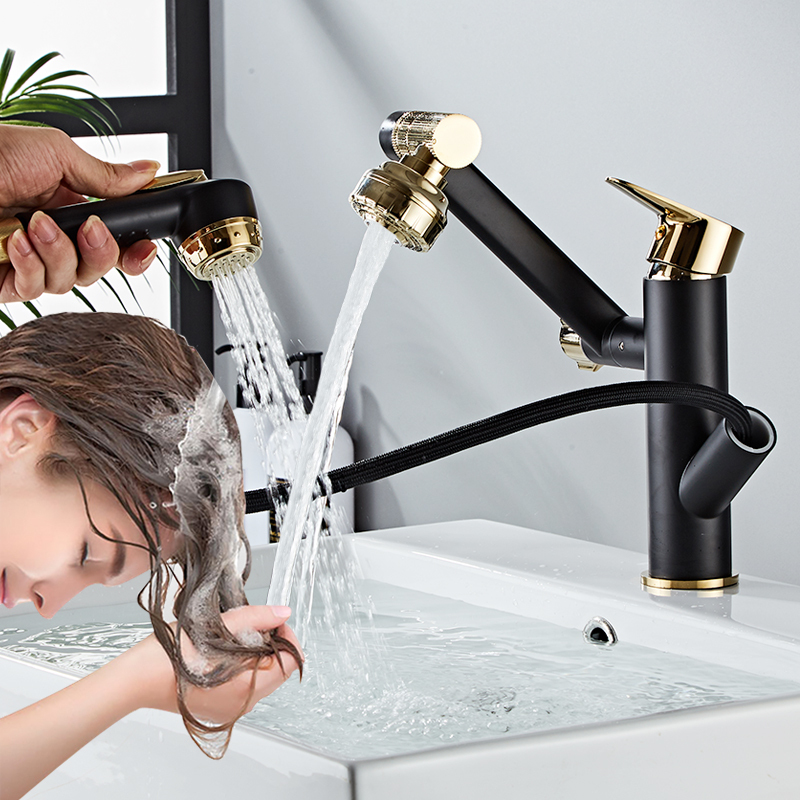 Pull-Out Faucet for Washbasin, Hot and Cold Water, Sink Basin, Bathroom, Black and Gold, Rotating, for Washing Hair, Extendable