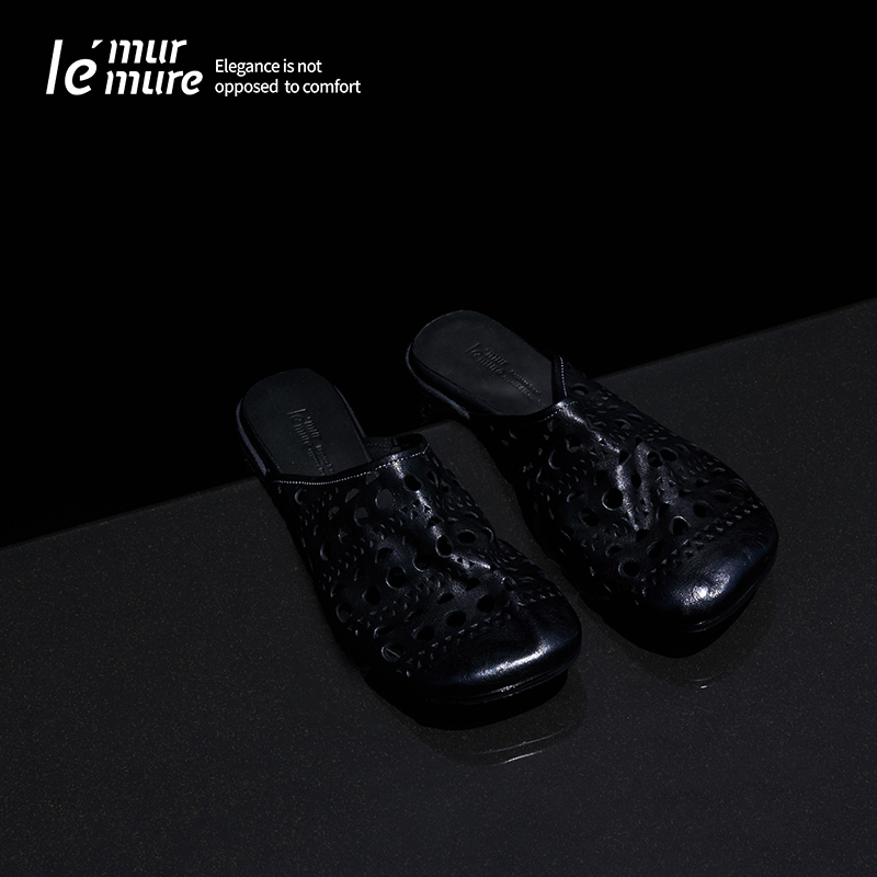 Le' Murmure Italian Imported Washed Leather Minimalist Geometric Carved Square Toe Kitten Heel Mules