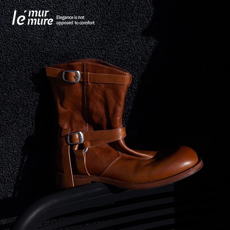 Le' Murmure'Tuscany' Frye-Style Buckle Engineer Boots, Heavy-Duty Washed Vegetable-Tanned Short Boots